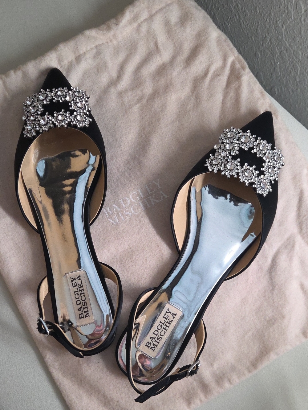 Badgley Mischka Black Satin Pointed Toe D'Orsay Flats with Crystal Buckle